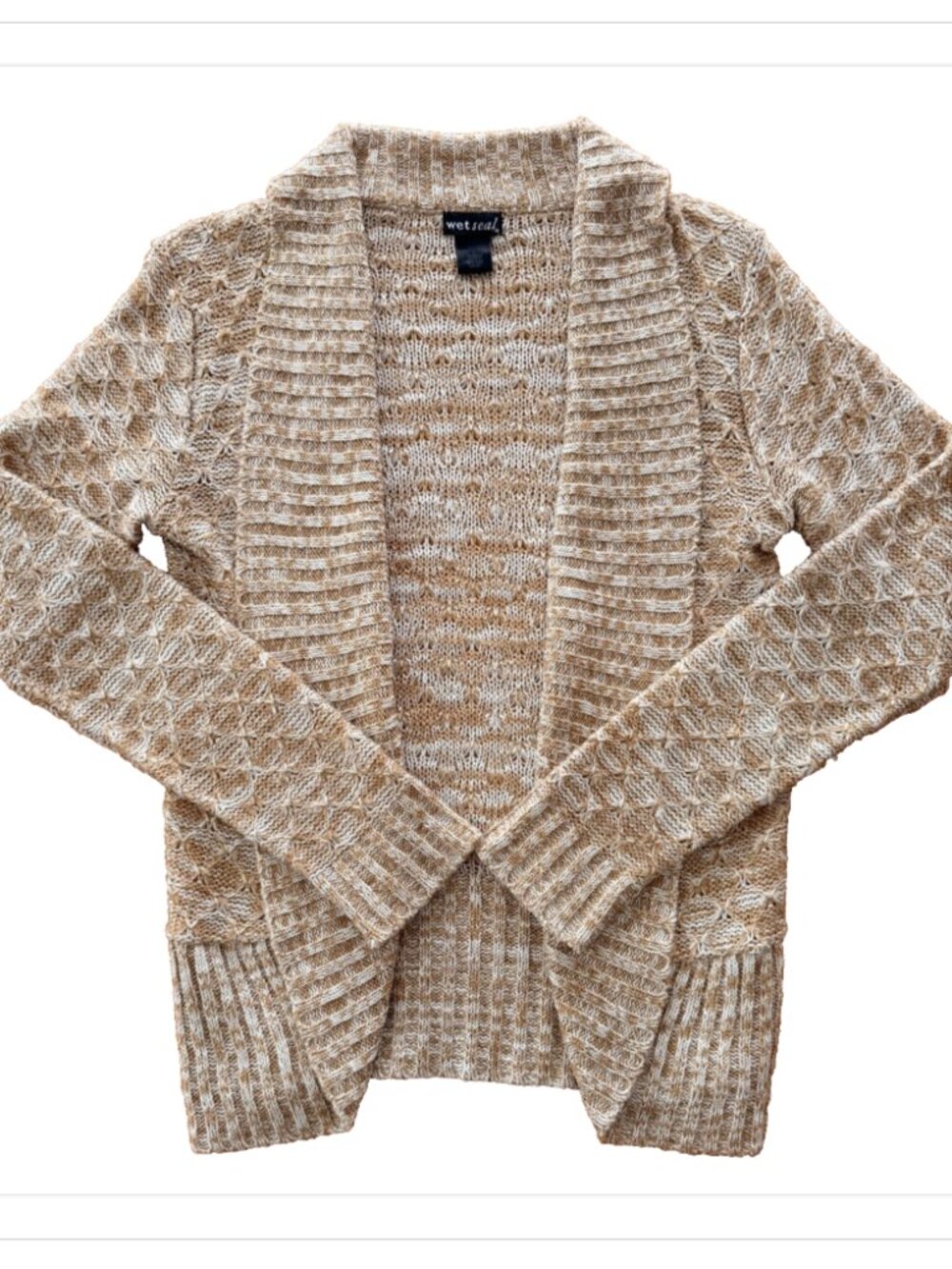 Wet Seal Womens L Open Front Cardigan Coastal Grandma Vintage Tan White Cozycore